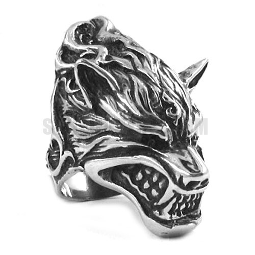 Stainless Steel Vintage Biker Wolf Head Men Ring SWR0246 - Click Image to Close